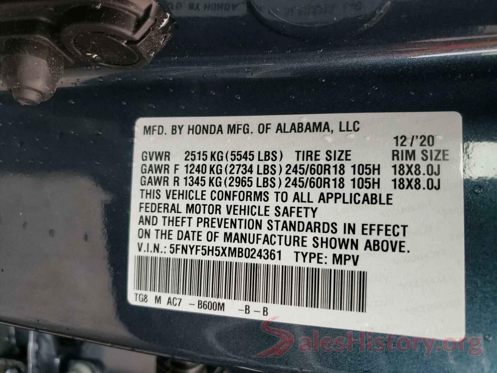 5FNYF5H5XMB024361 2021 HONDA PILOT