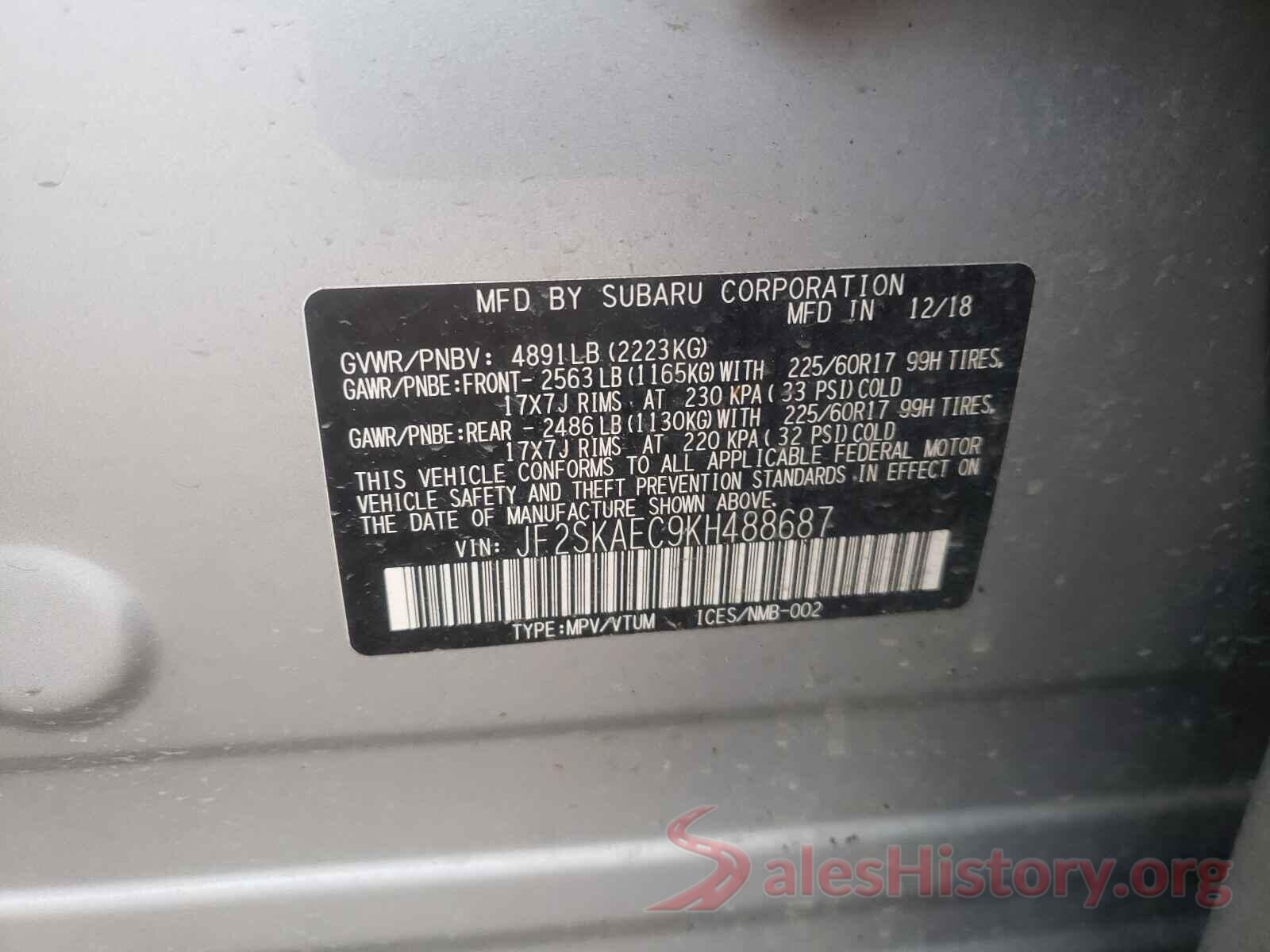 JF2SKAEC9KH488687 2019 SUBARU FORESTER