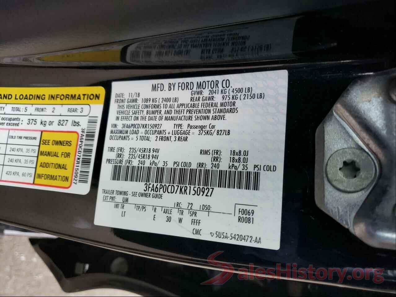 3FA6P0CD7KR150927 2019 FORD FUSION