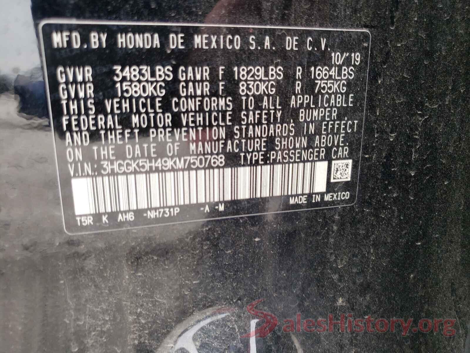 3HGGK5H49KM750768 2019 HONDA FIT