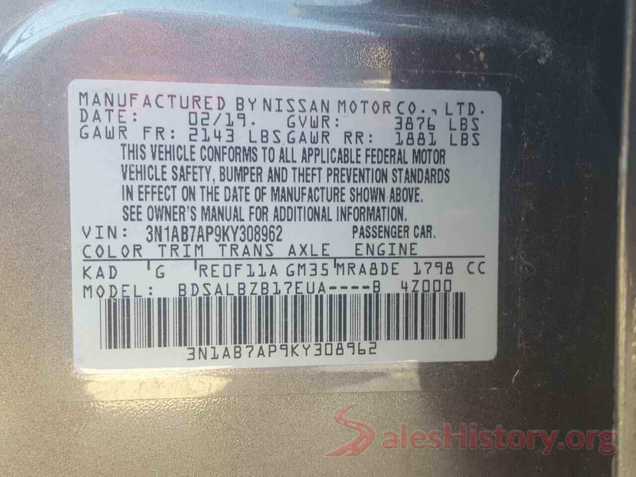 3N1AB7AP9KY308962 2019 NISSAN SENTRA