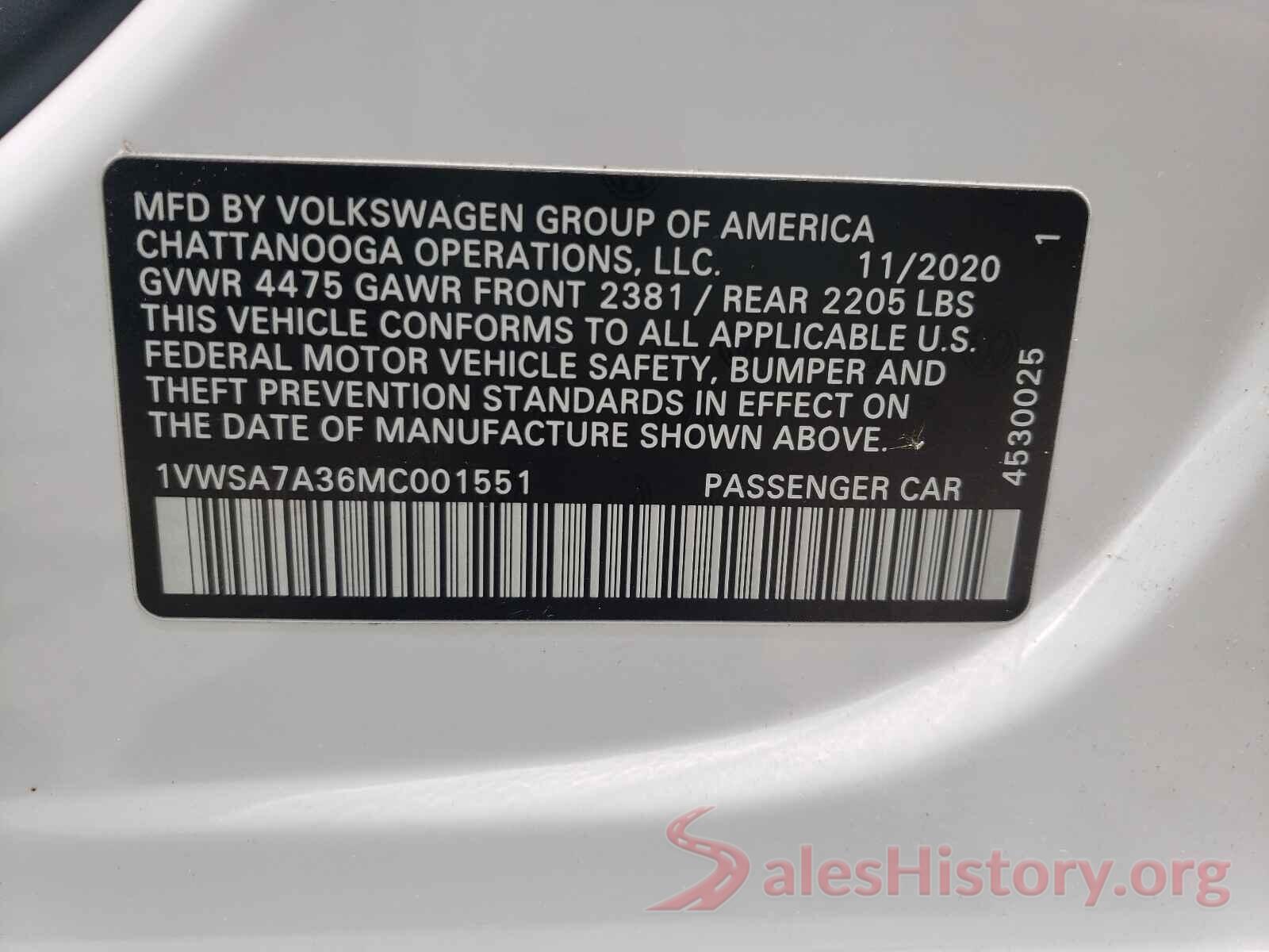 1VWSA7A36MC001551 2021 VOLKSWAGEN PASSAT