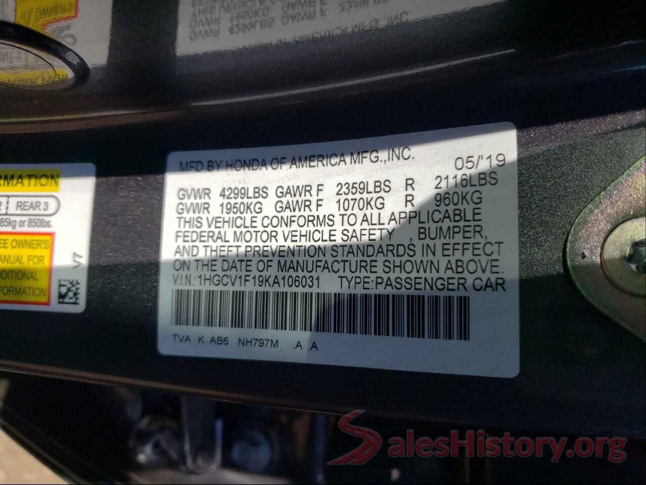 1HGCV1F19KA106031 2019 HONDA ACCORD