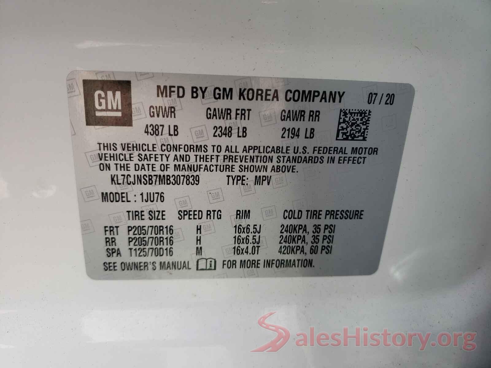 KL7CJNSB7MB307839 2021 CHEVROLET TRAX