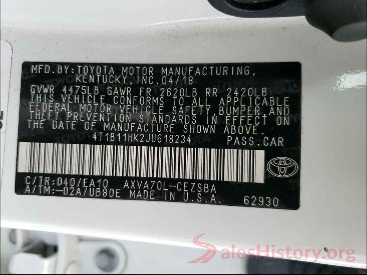 4T1B11HK2JU618234 2018 TOYOTA CAMRY