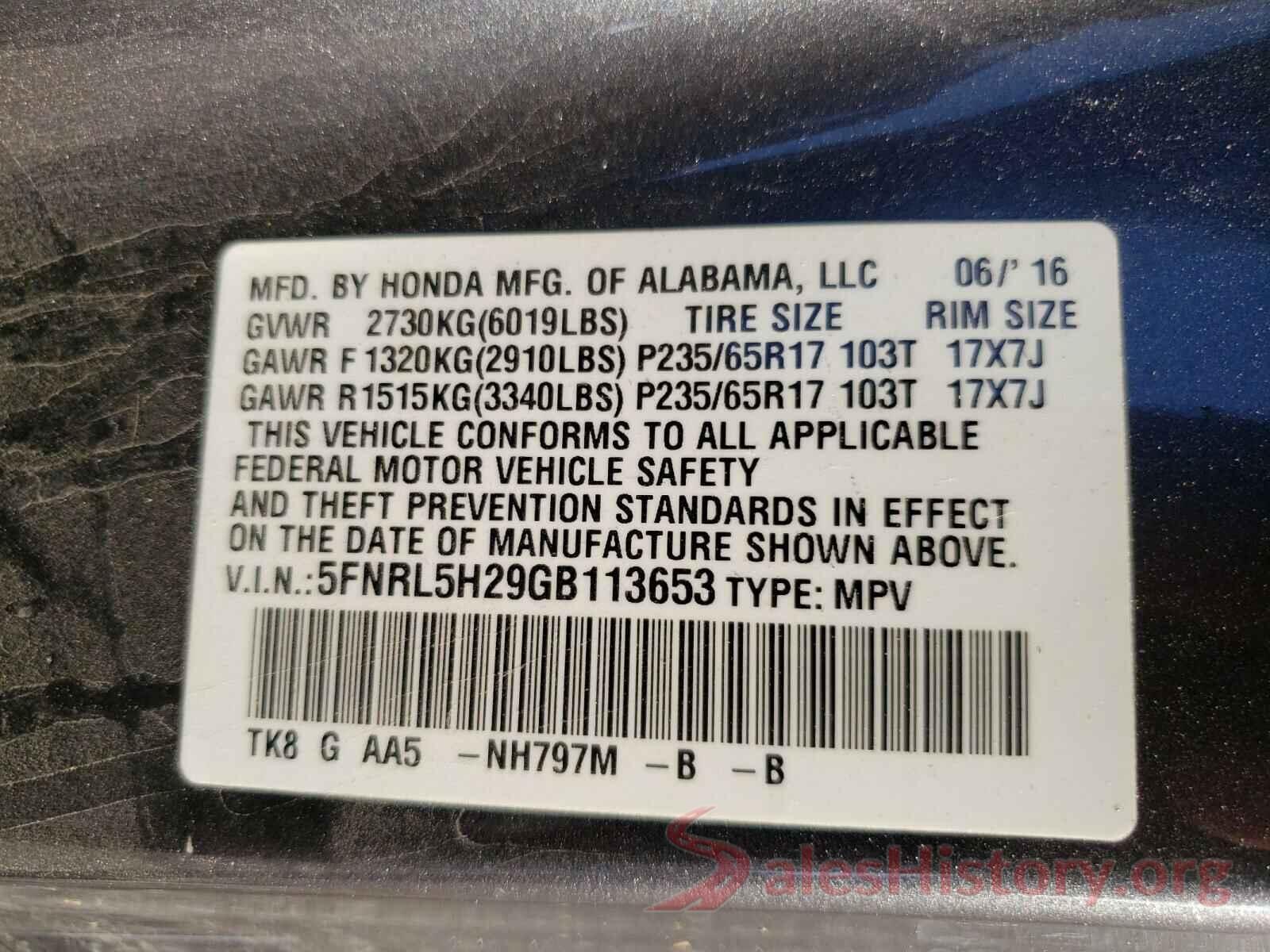 5FNRL5H29GB113653 2016 HONDA ODYSSEY