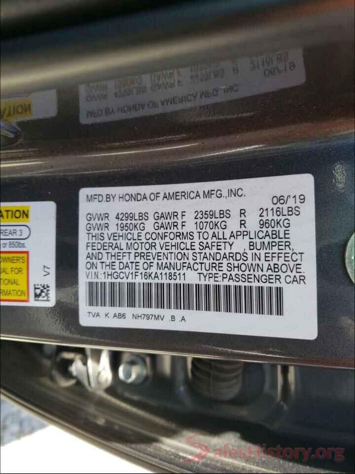 1HGCV1F16KA118511 2019 HONDA ACCORD