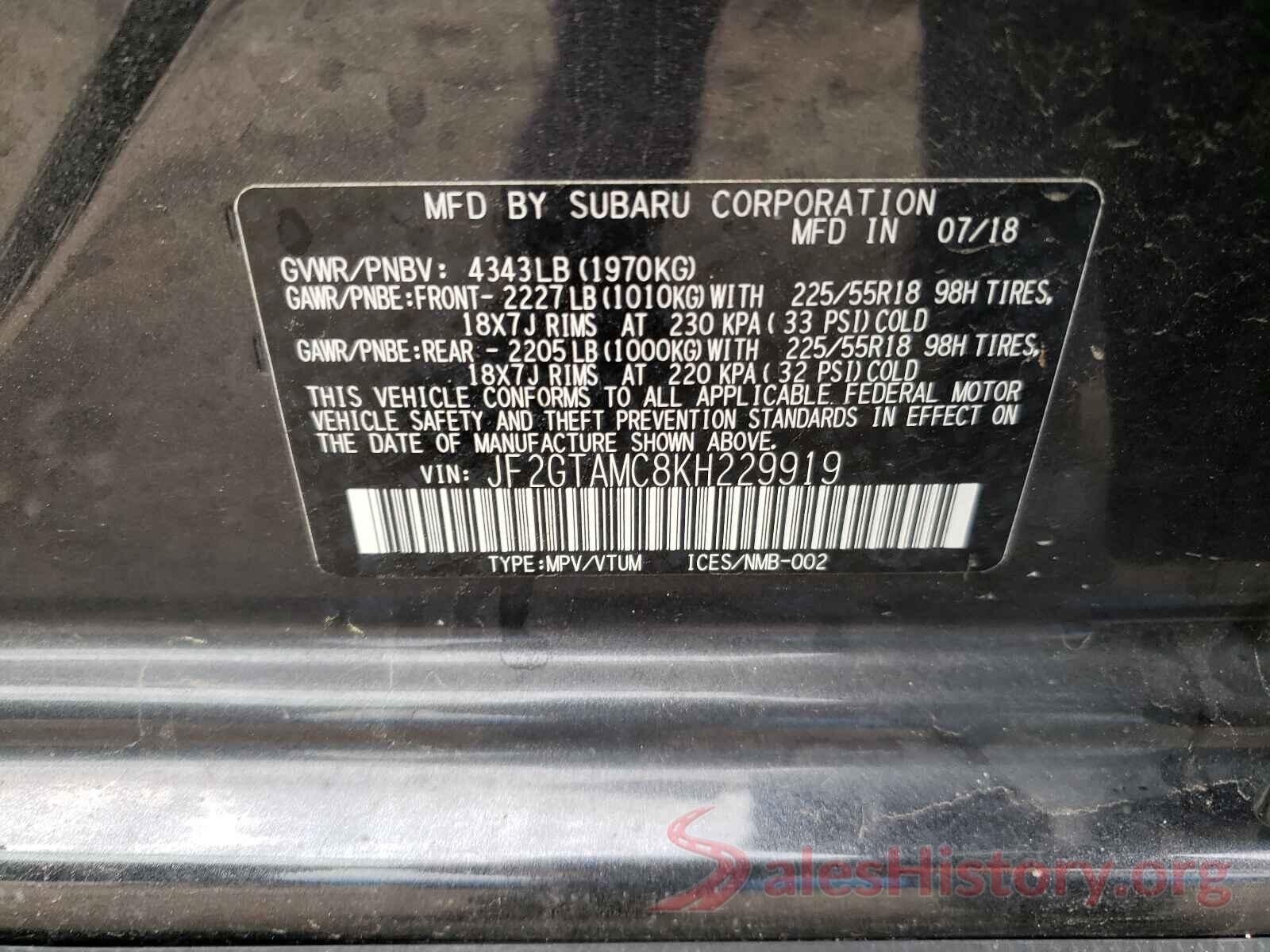 JF2GTAMC8KH229919 2019 SUBARU CROSSTREK