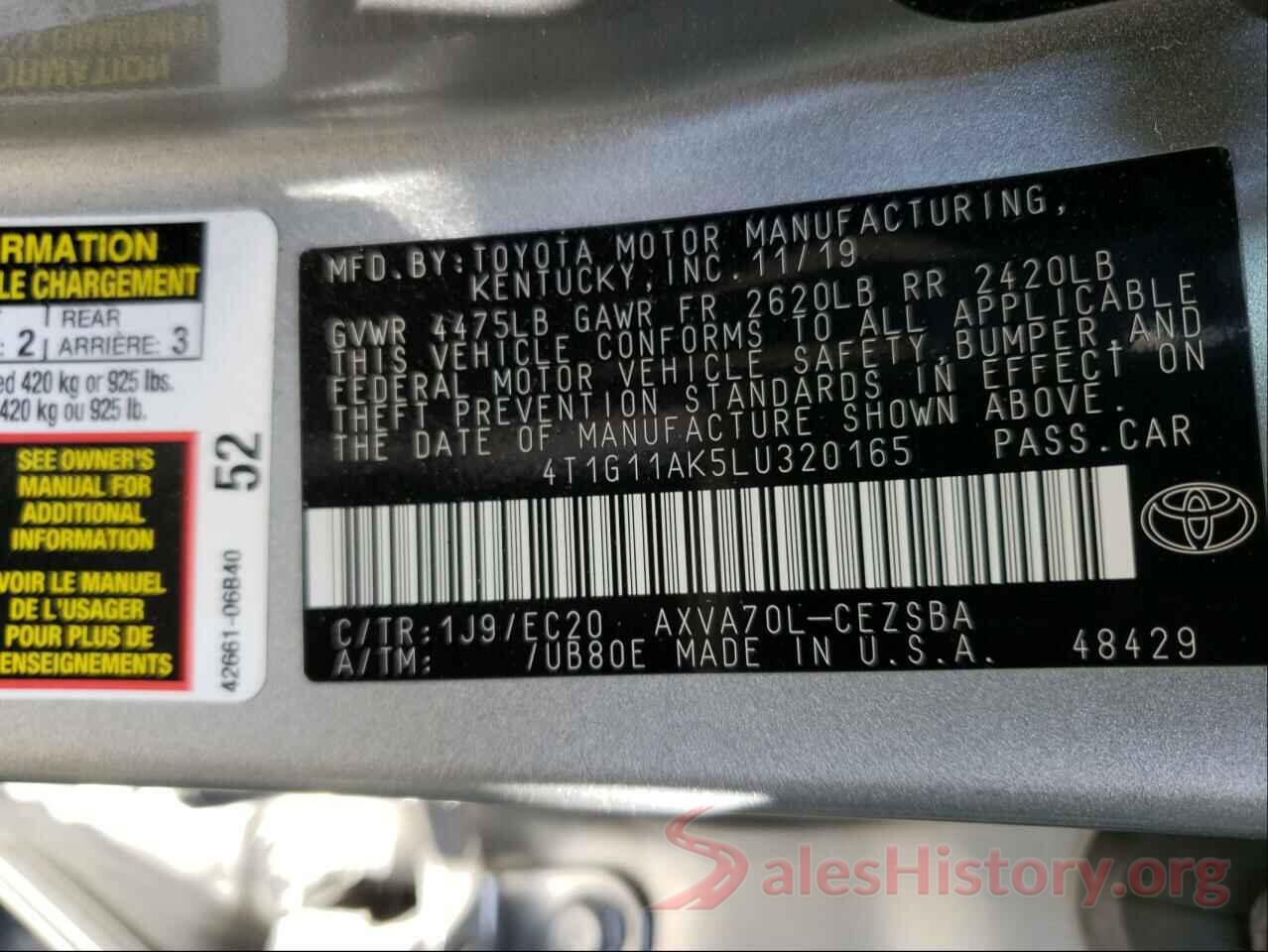 4T1G11AK5LU320165 2020 TOYOTA CAMRY