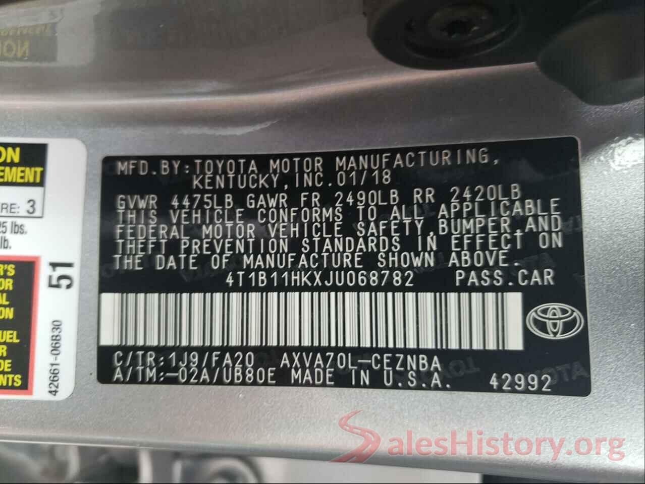 4T1B11HKXJU068782 2018 TOYOTA CAMRY