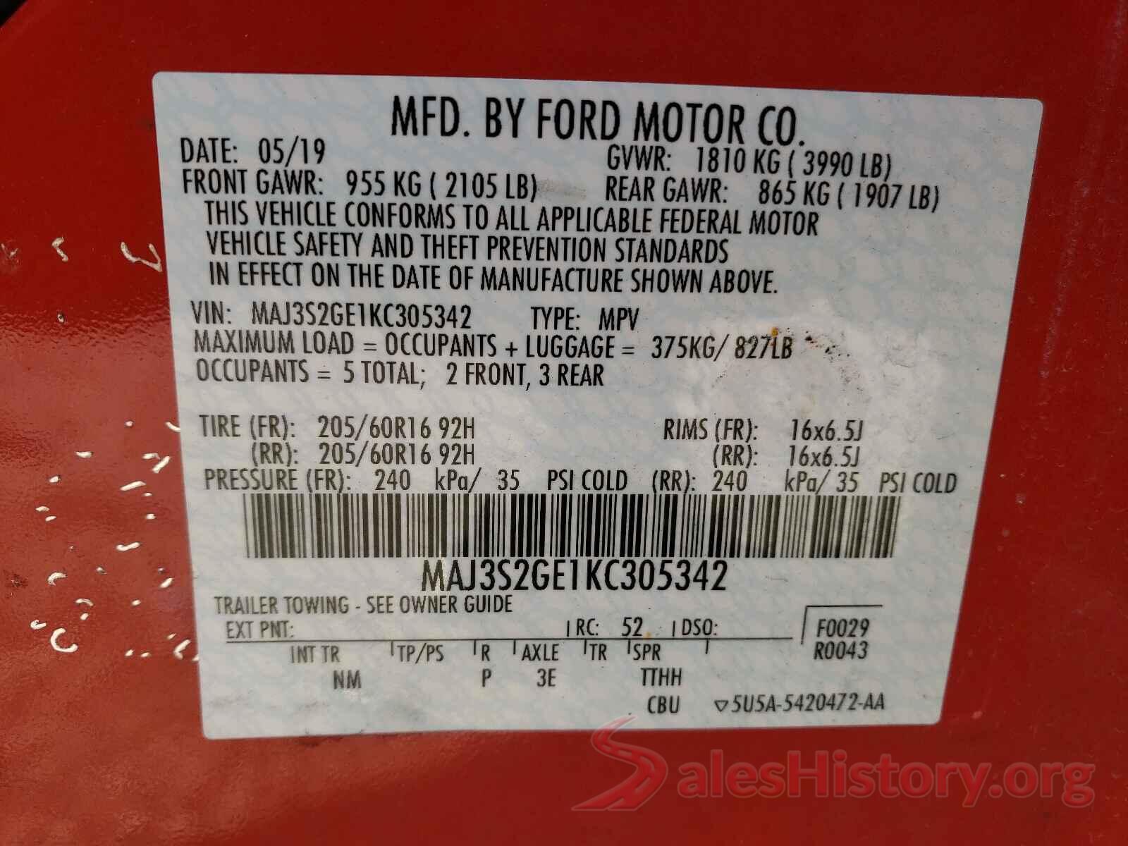 MAJ3S2GE1KC305342 2019 FORD ALL OTHER