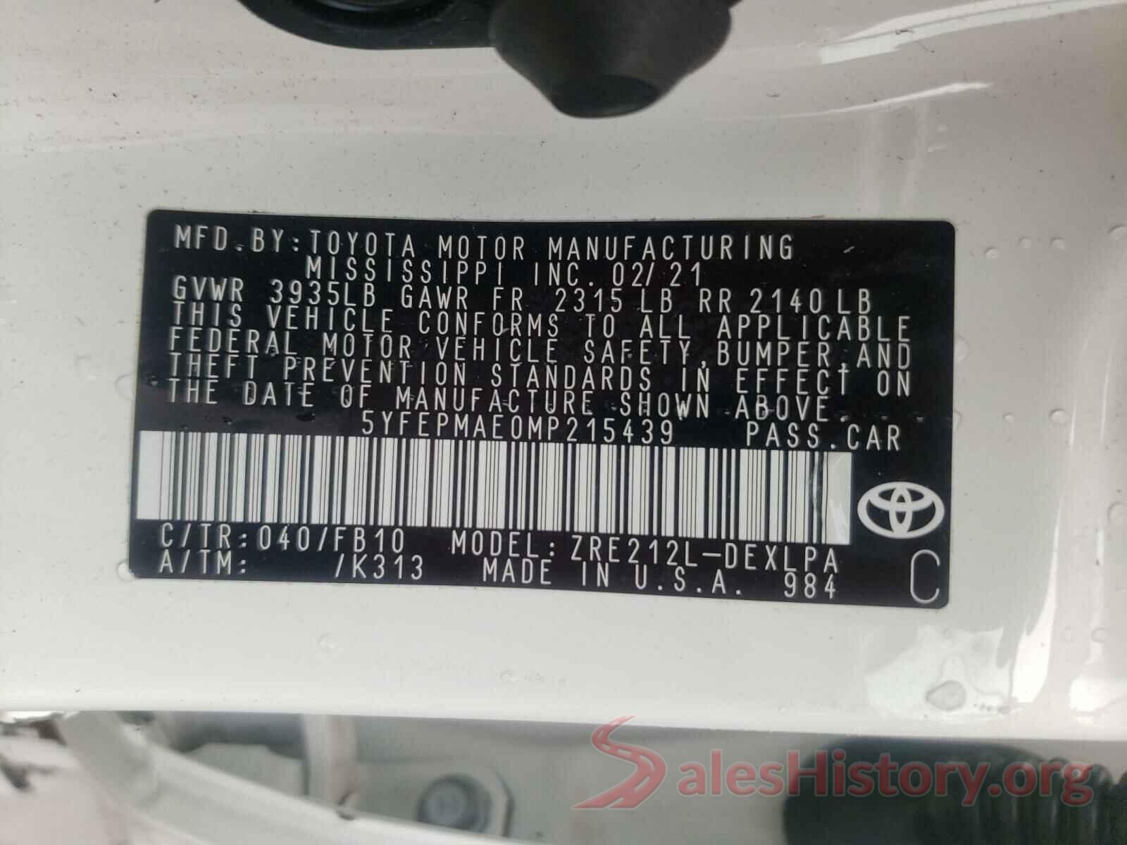 5YFEPMAE0MP215439 2021 TOYOTA COROLLA