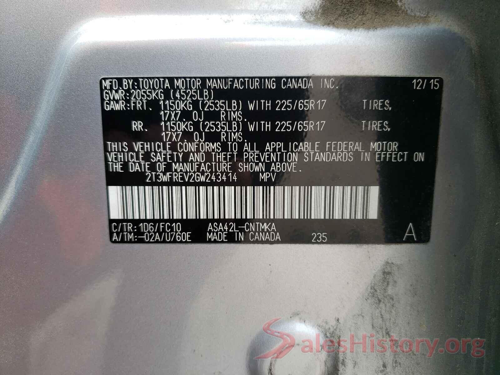 2T3WFREV2GW243414 2016 TOYOTA RAV4