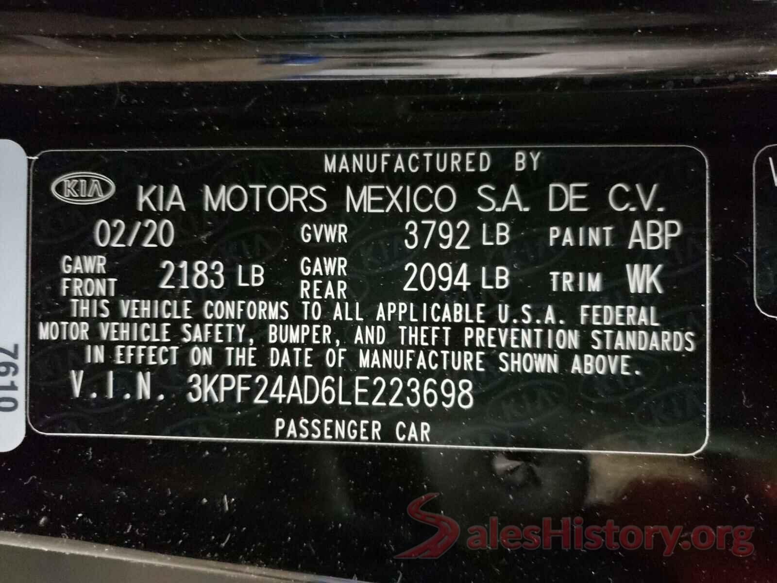 3KPF24AD6LE223698 2020 KIA FORTE