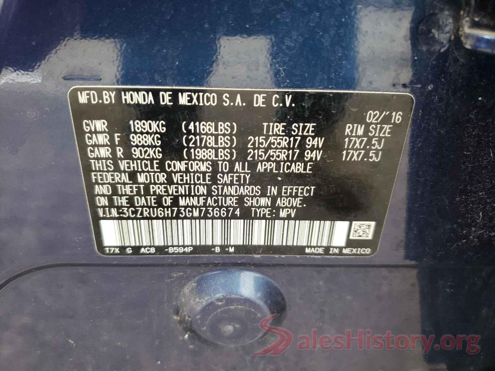 3CZRU6H73GM736674 2016 HONDA HR-V