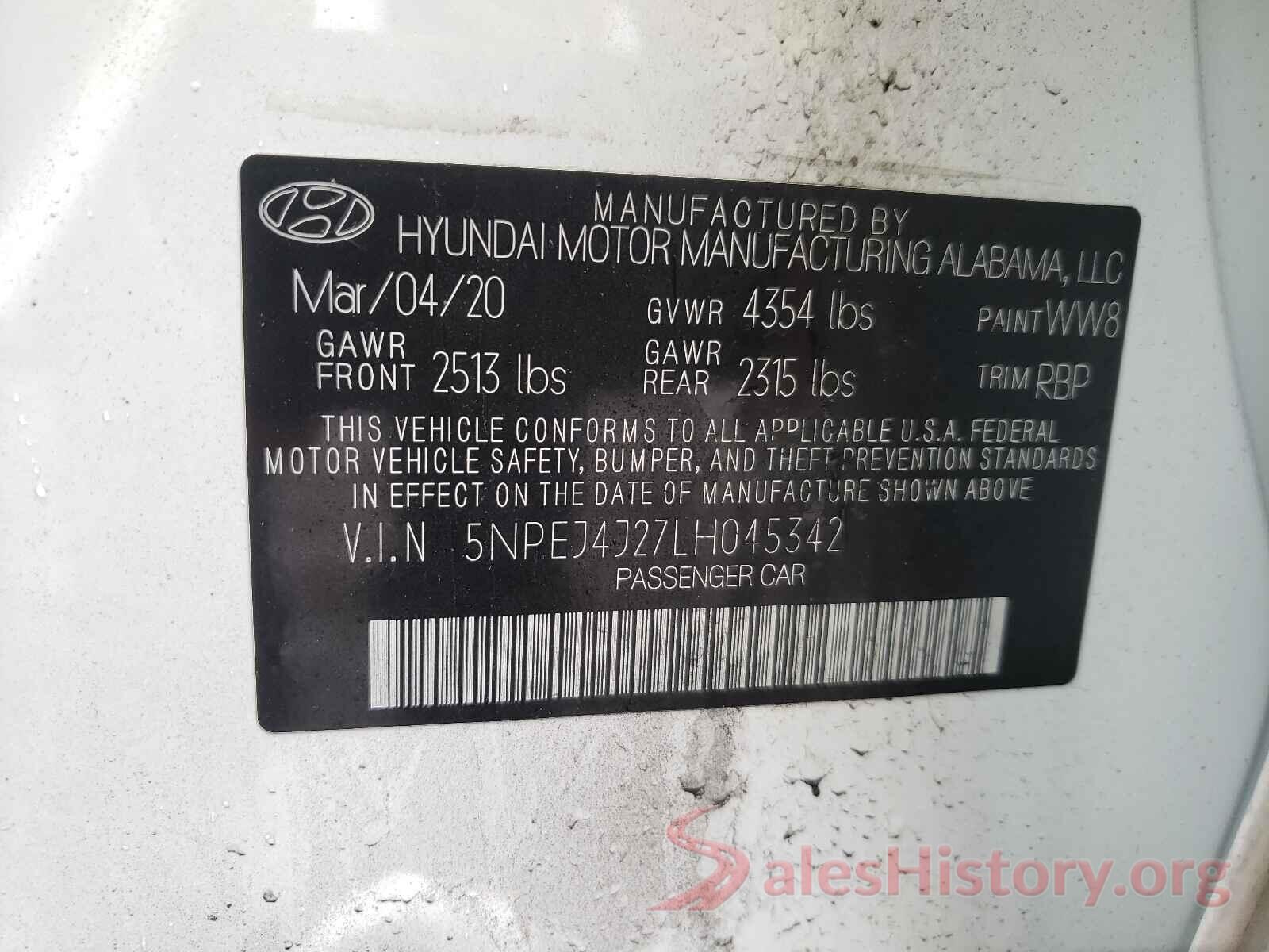 5NPEJ4J27LH045342 2020 HYUNDAI SONATA