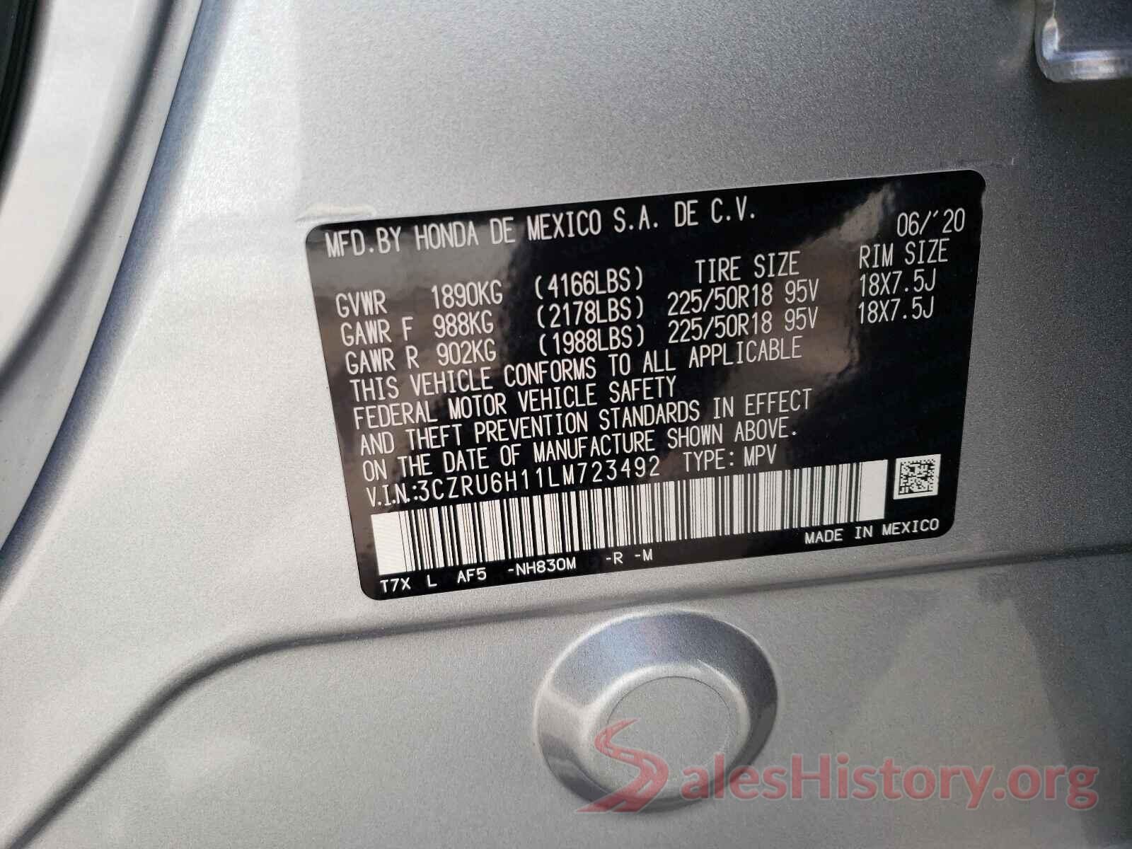 3CZRU6H11LM723492 2020 HONDA HR-V