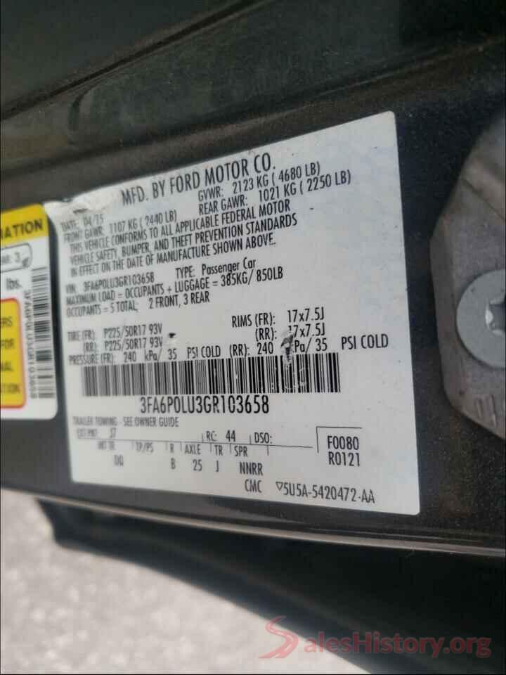 3FA6P0LU3GR103658 2016 FORD FUSION