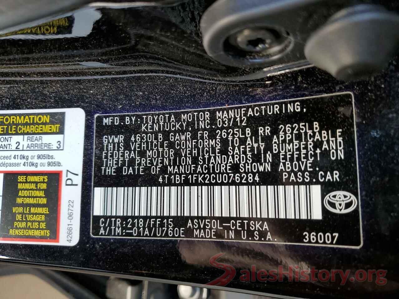 4T1BF1FK2CU076284 2012 TOYOTA CAMRY