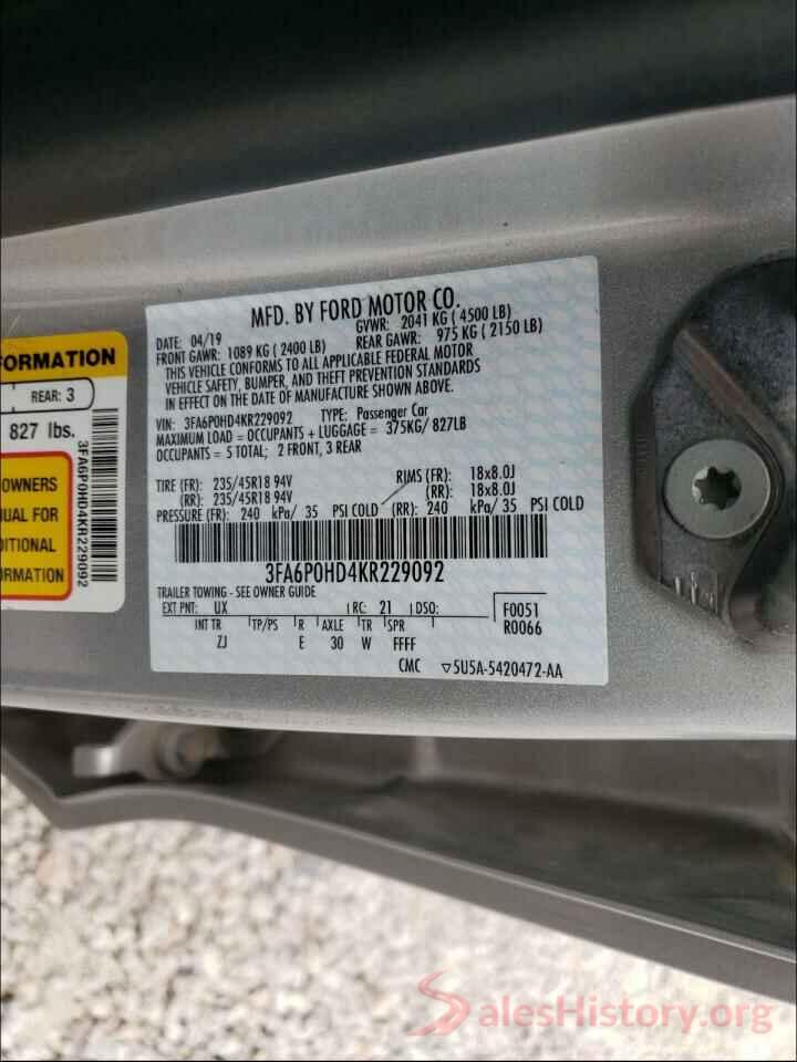 3FA6P0HD4KR229092 2019 FORD FUSION