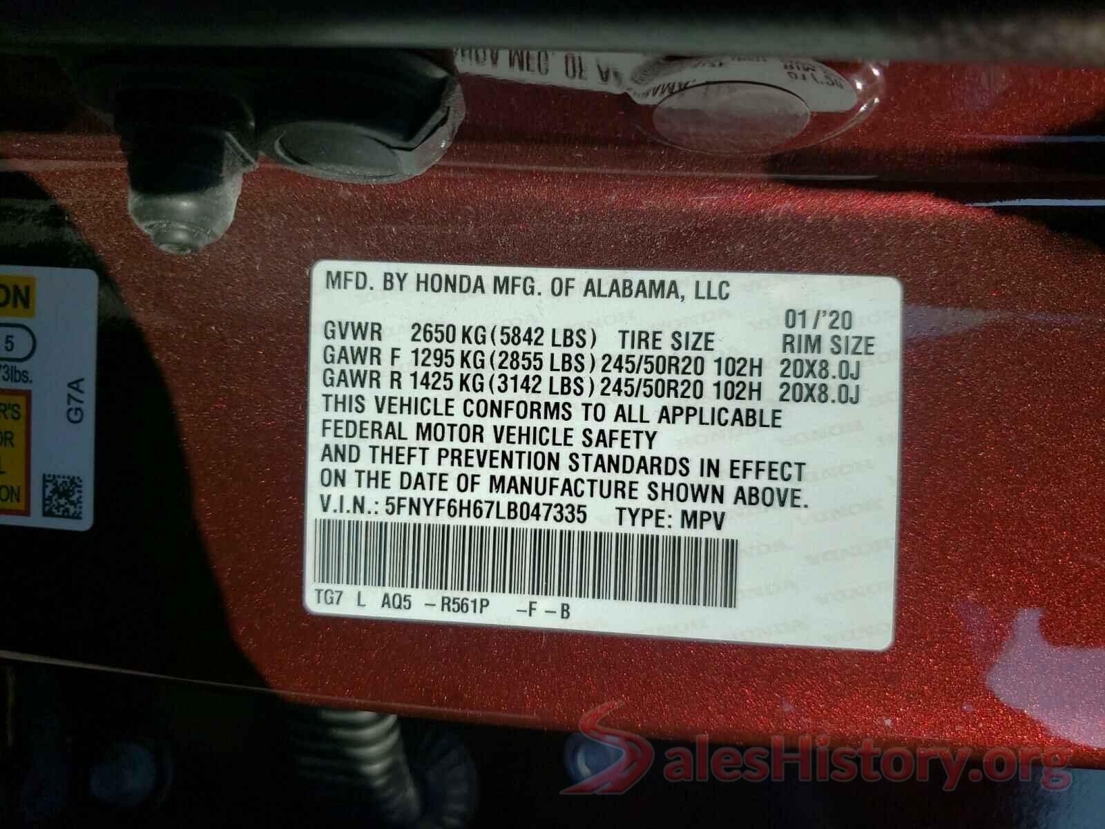 5FNYF6H67LB047335 2020 HONDA PILOT