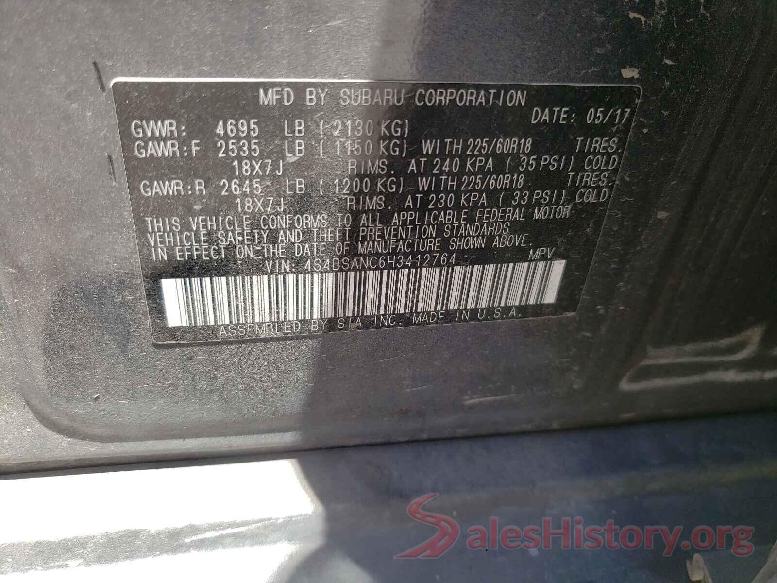 4S4BSANC6H3412764 2017 SUBARU OUTBACK