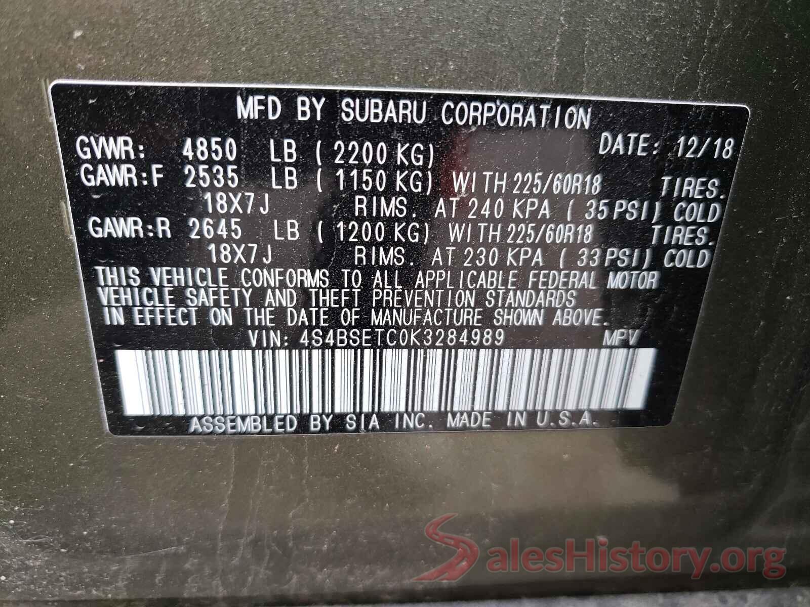 4S4BSETC0K3284989 2019 SUBARU OUTBACK