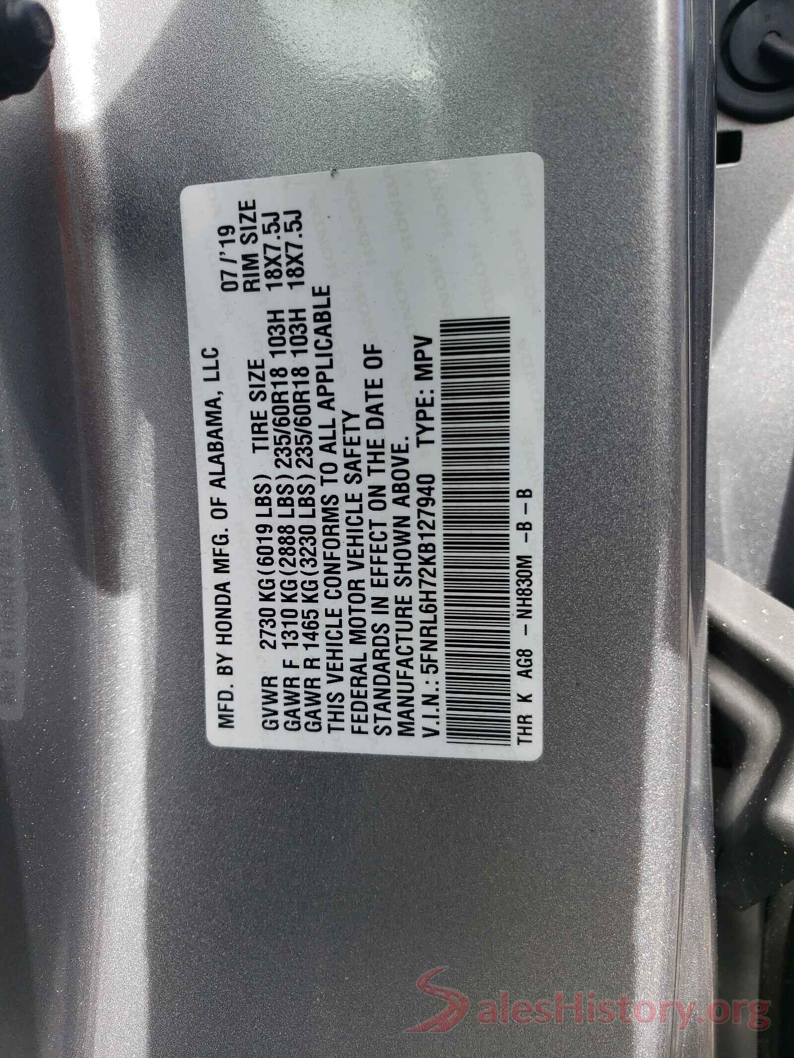 5FNRL6H72KB127940 2019 HONDA ODYSSEY