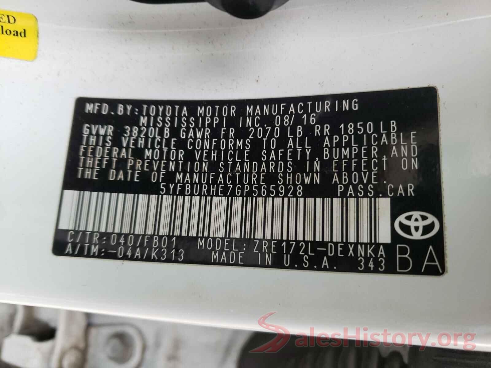 5YFBURHE7GP565928 2016 TOYOTA COROLLA