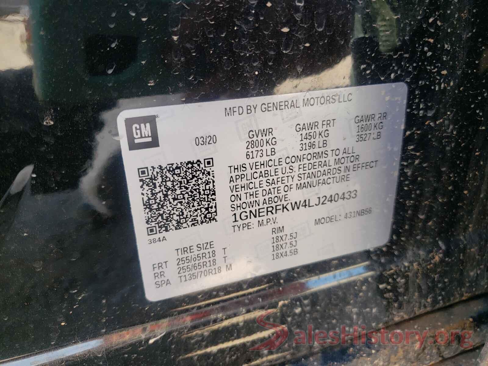 1GNERFKW4LJ240433 2020 CHEVROLET TRAVERSE