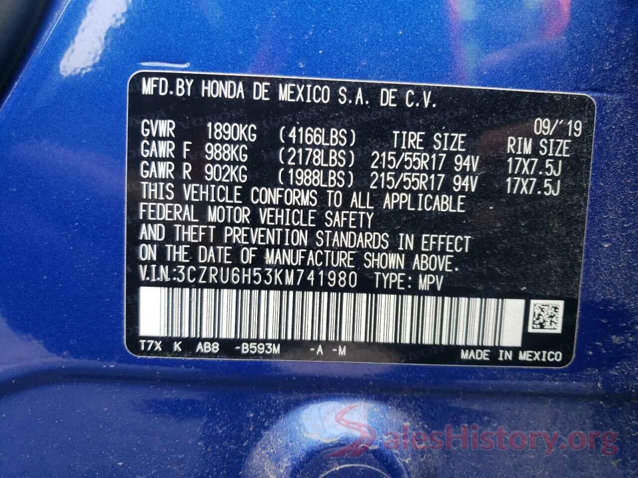 3CZRU6H53KM741980 2019 HONDA HR-V