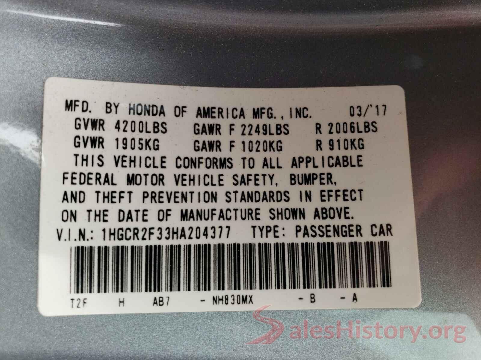 1HGCR2F33HA204377 2017 HONDA ACCORD