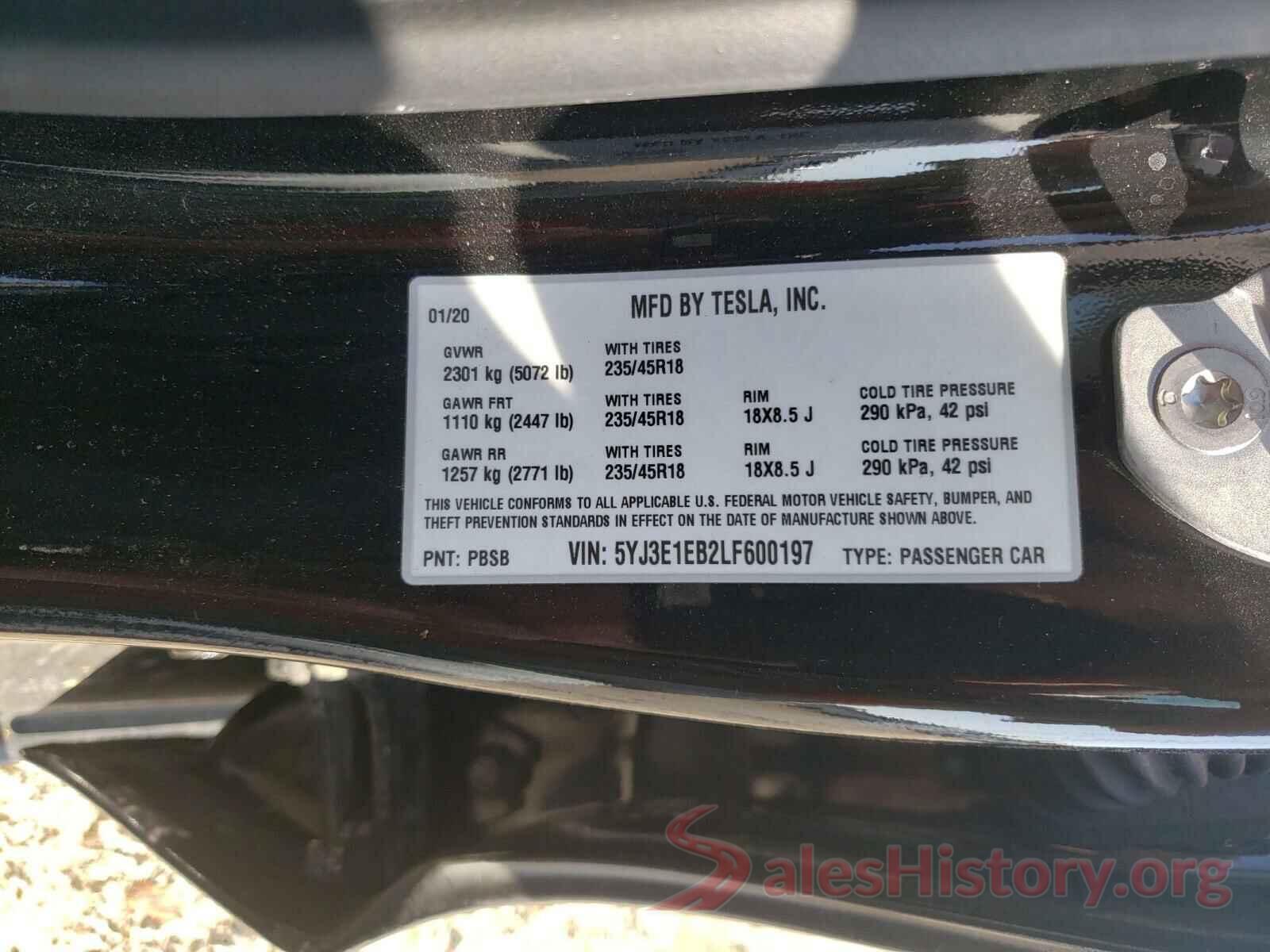 5YJ3E1EB2LF600197 2020 TESLA MODEL 3