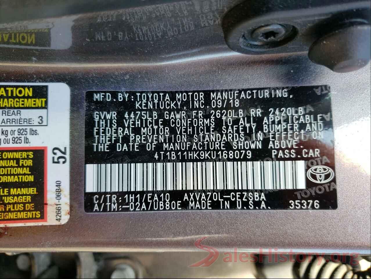 4T1B11HK9KU168079 2019 TOYOTA CAMRY