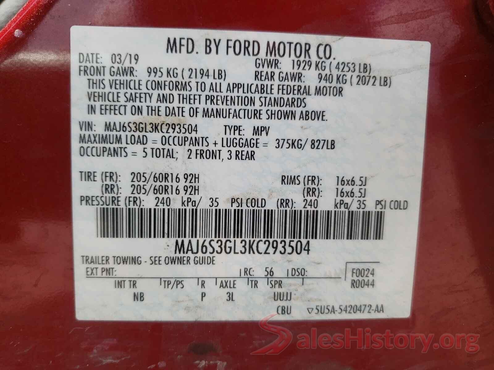 MAJ6S3GL3KC293504 2019 FORD ALL OTHER