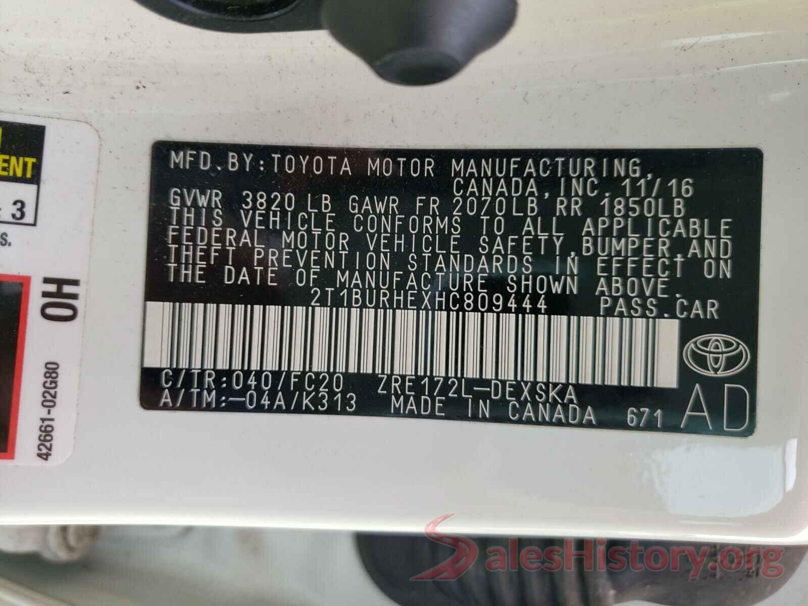 2T1BURHEXHC809444 2017 TOYOTA COROLLA