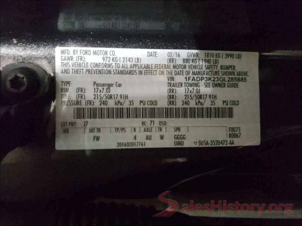 1FADP3K23GL285885 2016 FORD FOCUS