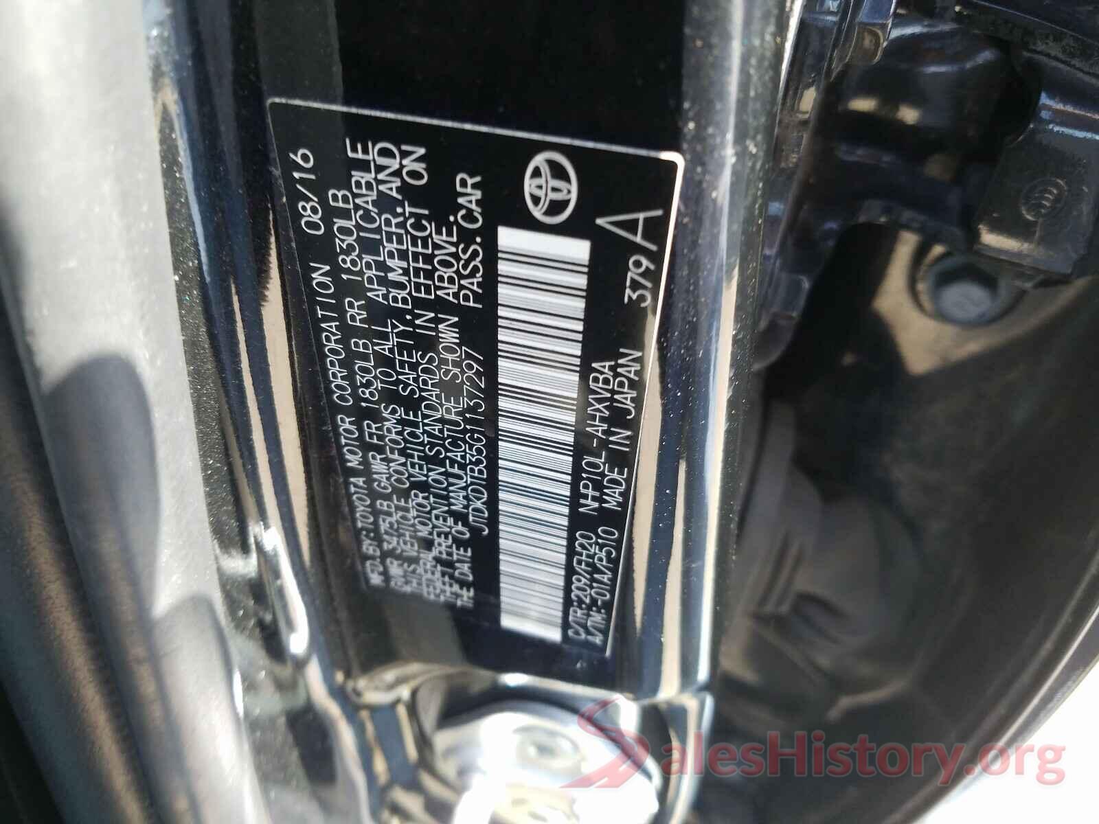 JTDKDTB35G1137297 2016 TOYOTA PRIUS