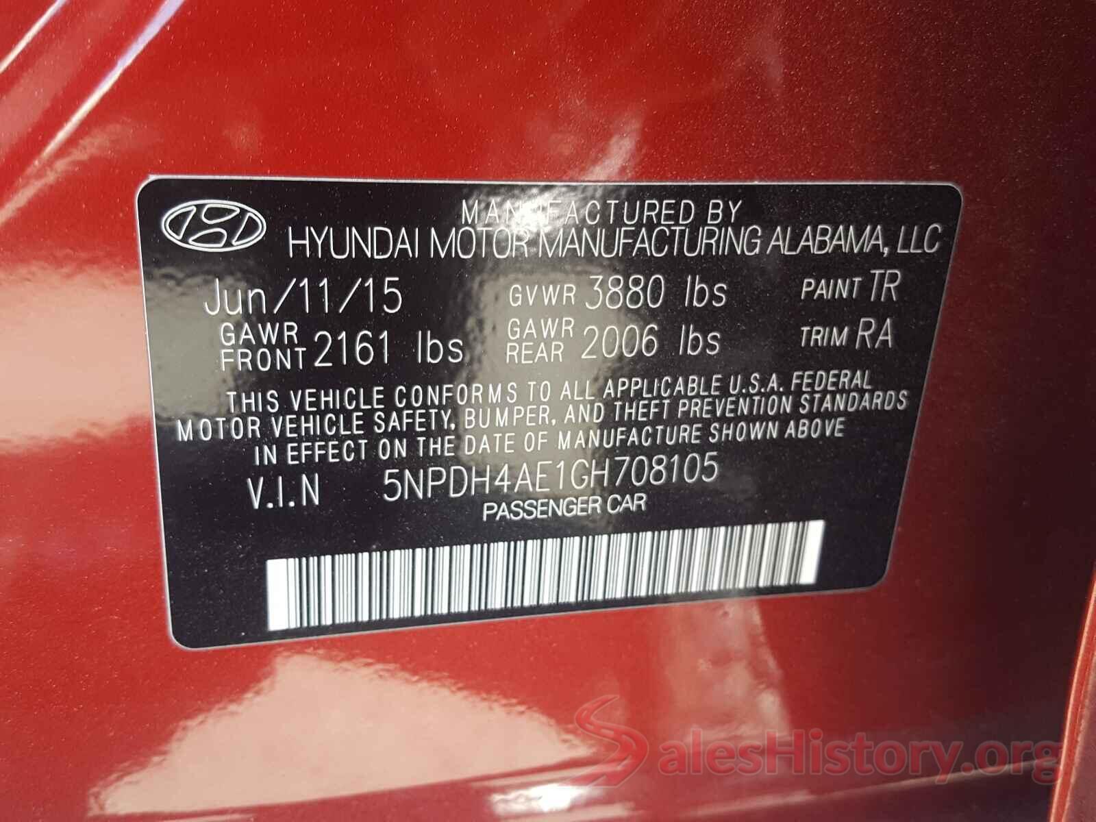 5NPDH4AE1GH708105 2016 HYUNDAI ELANTRA