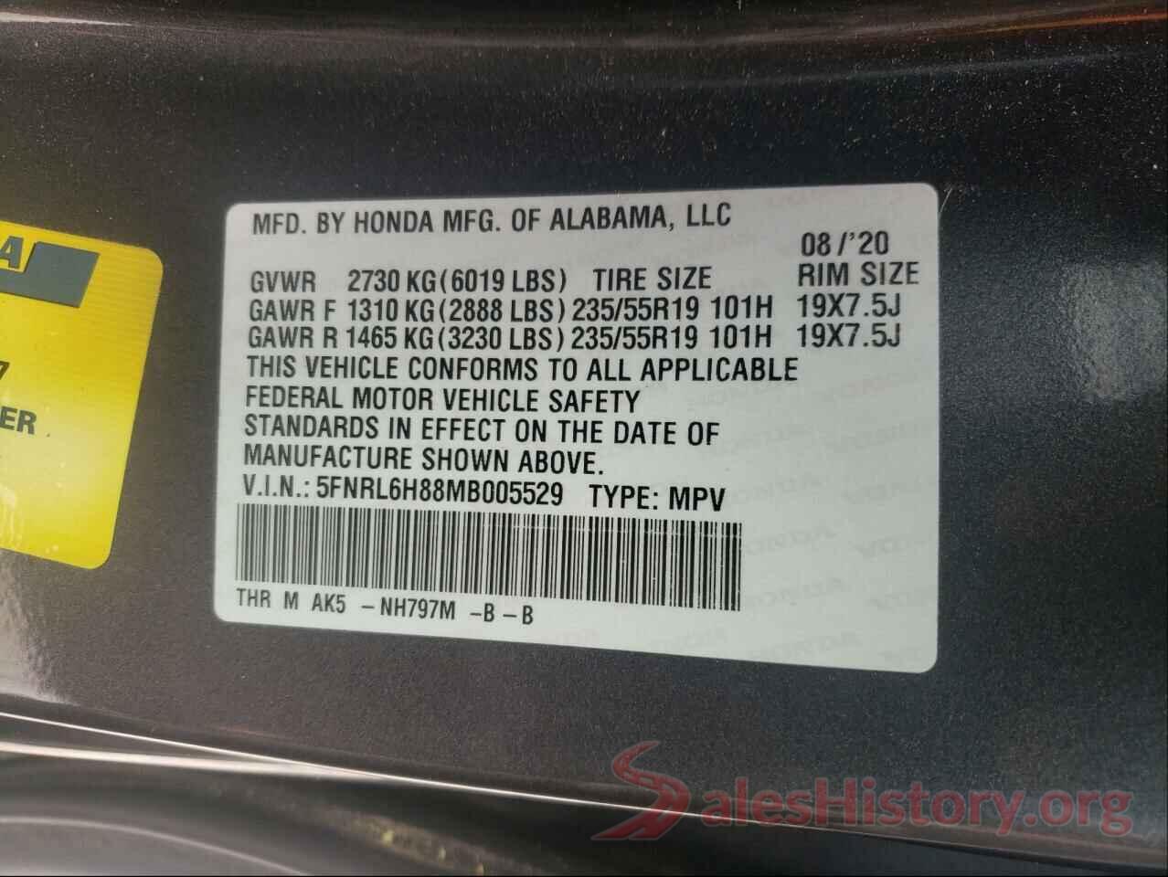 5FNRL6H88MB005529 2021 HONDA ODYSSEY