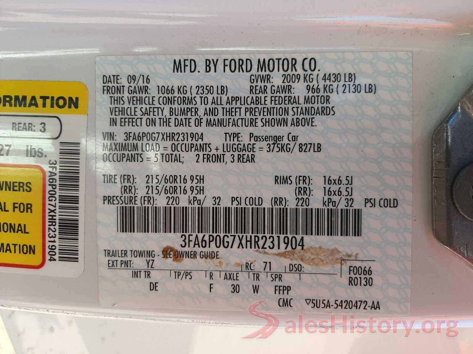 3FA6P0G7XHR231904 2017 FORD FUSION