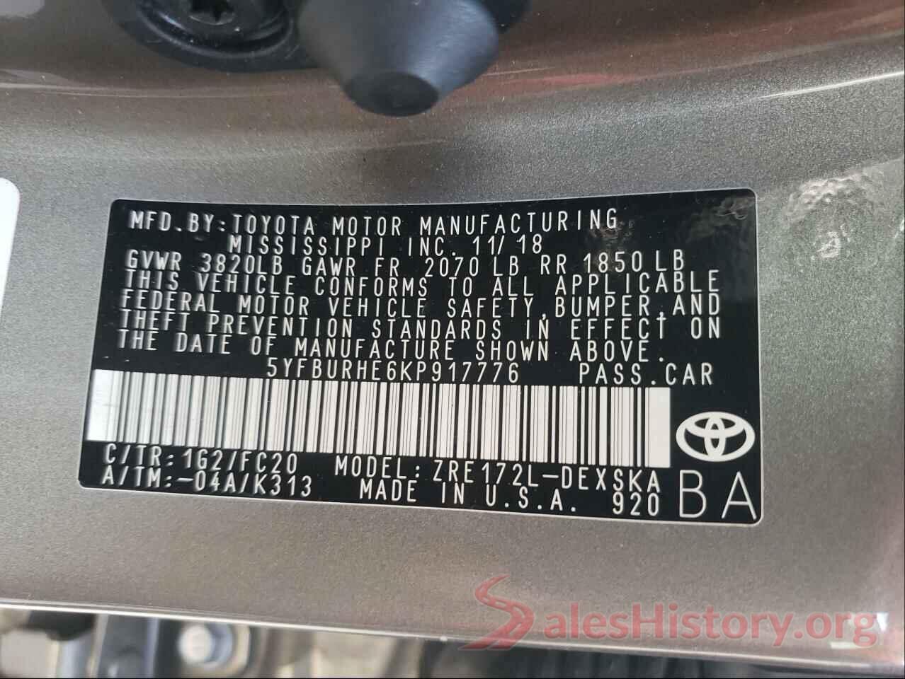 5YFBURHE6KP917776 2019 TOYOTA COROLLA