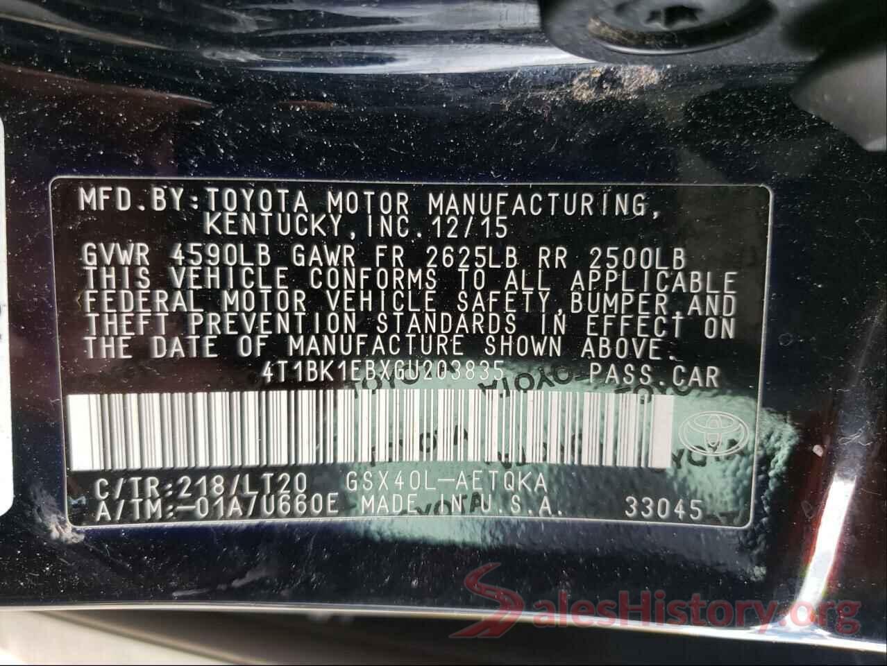 4T1BK1EBXGU203835 2016 TOYOTA AVALON