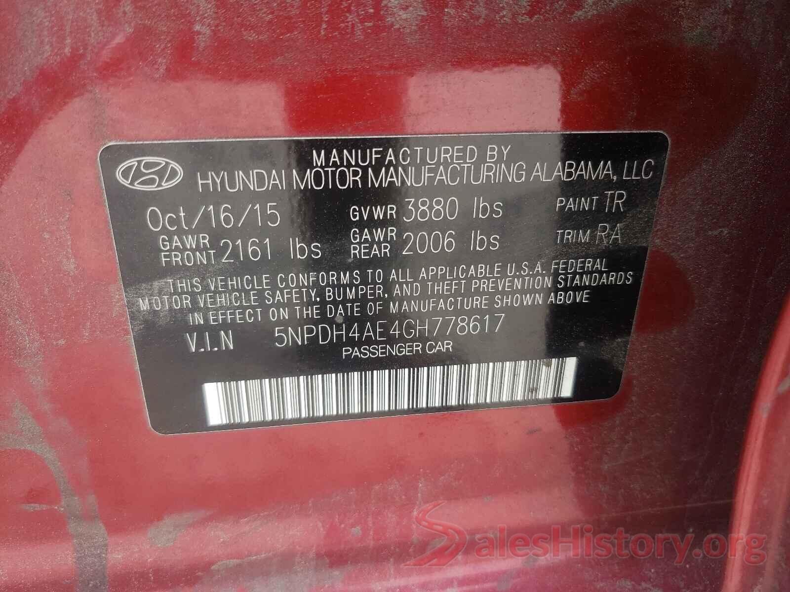 5NPDH4AE4GH778617 2016 HYUNDAI ELANTRA