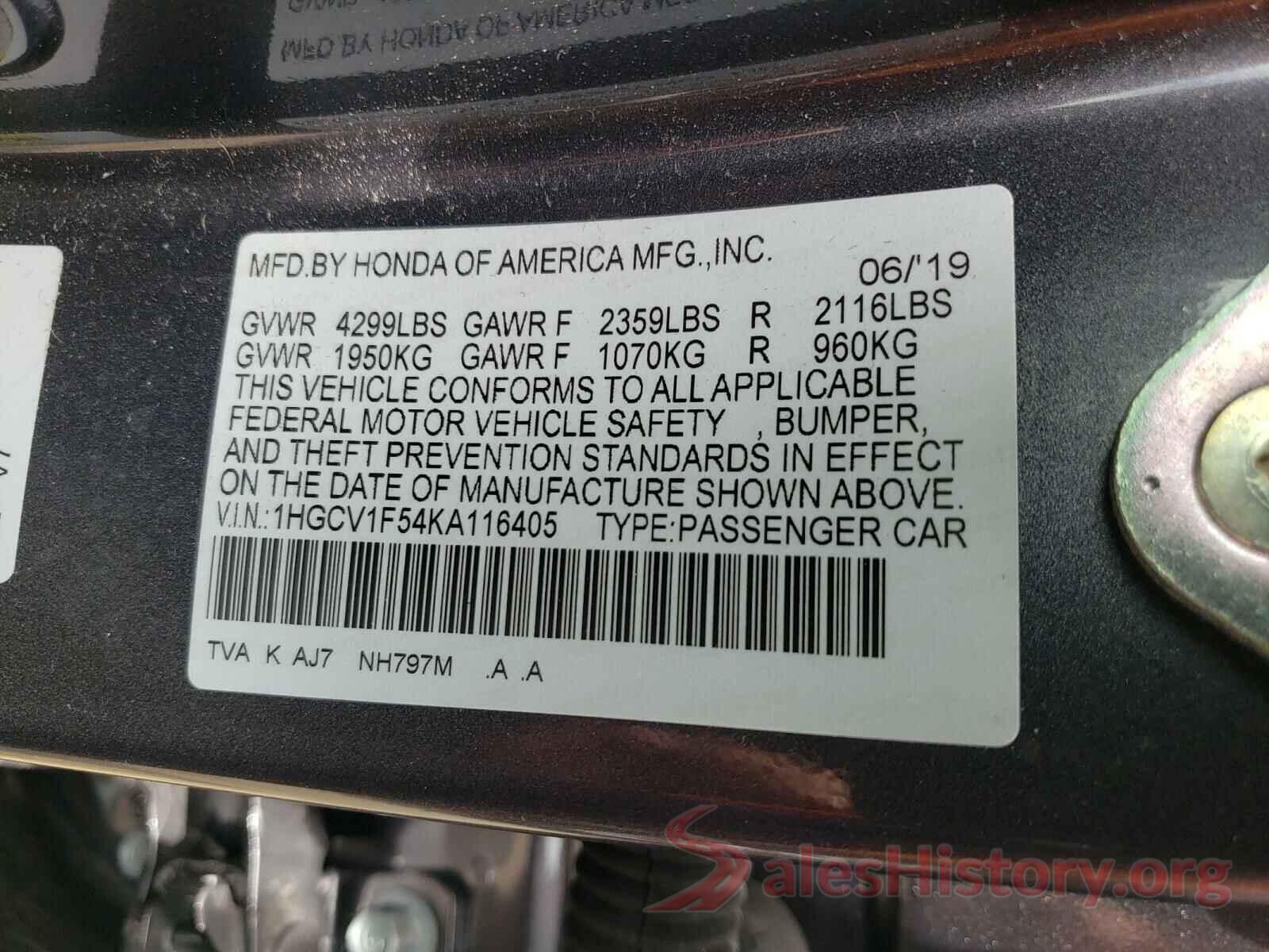 1HGCV1F54KA116405 2019 HONDA ACCORD