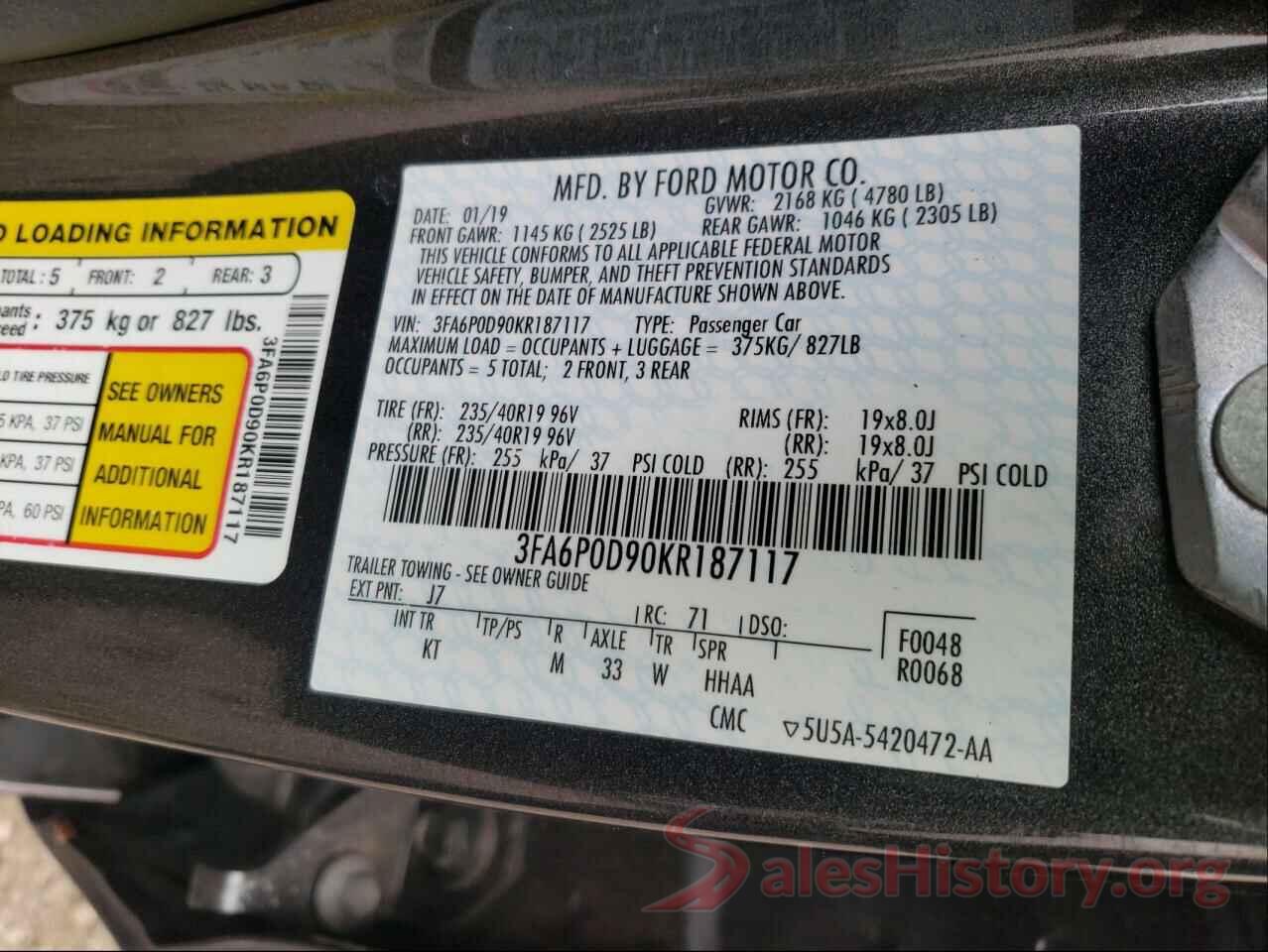 3FA6P0D90KR187117 2019 FORD FUSION