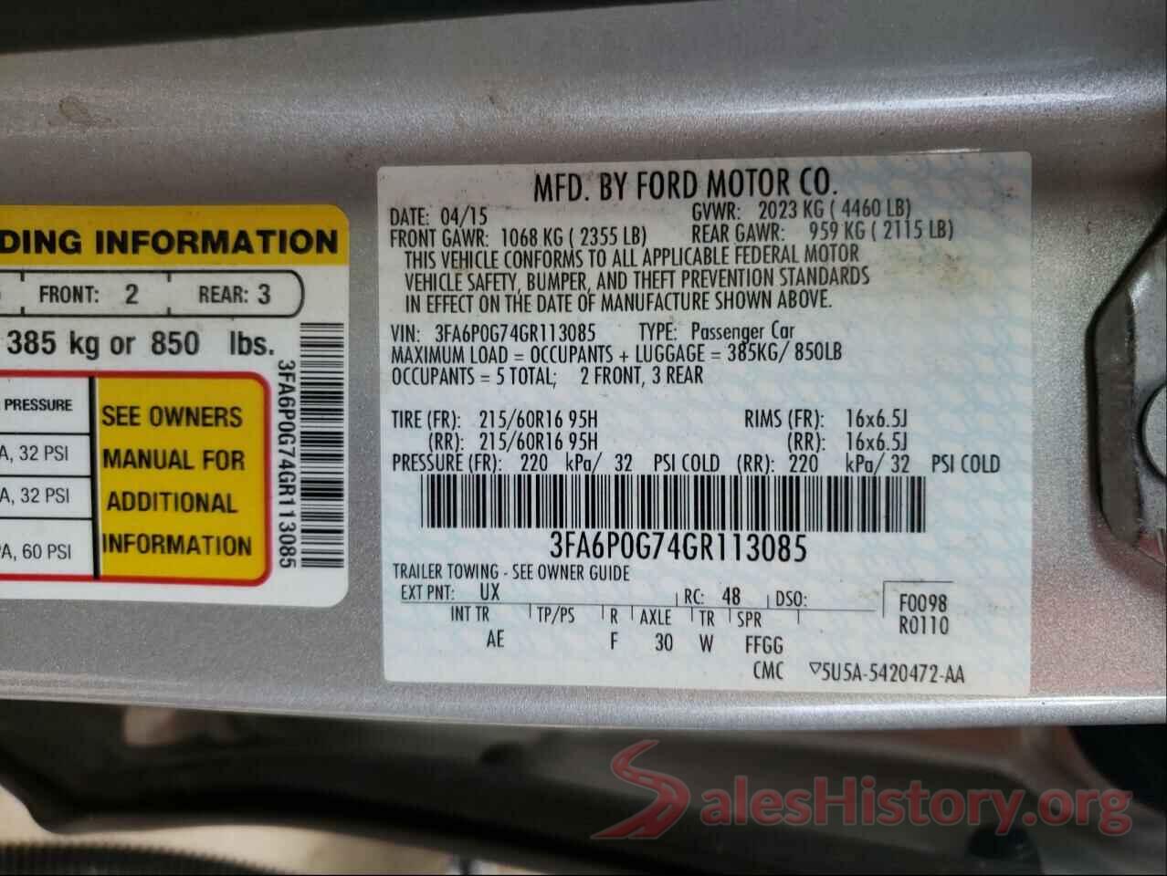 3FA6P0G74GR113085 2016 FORD FUSION