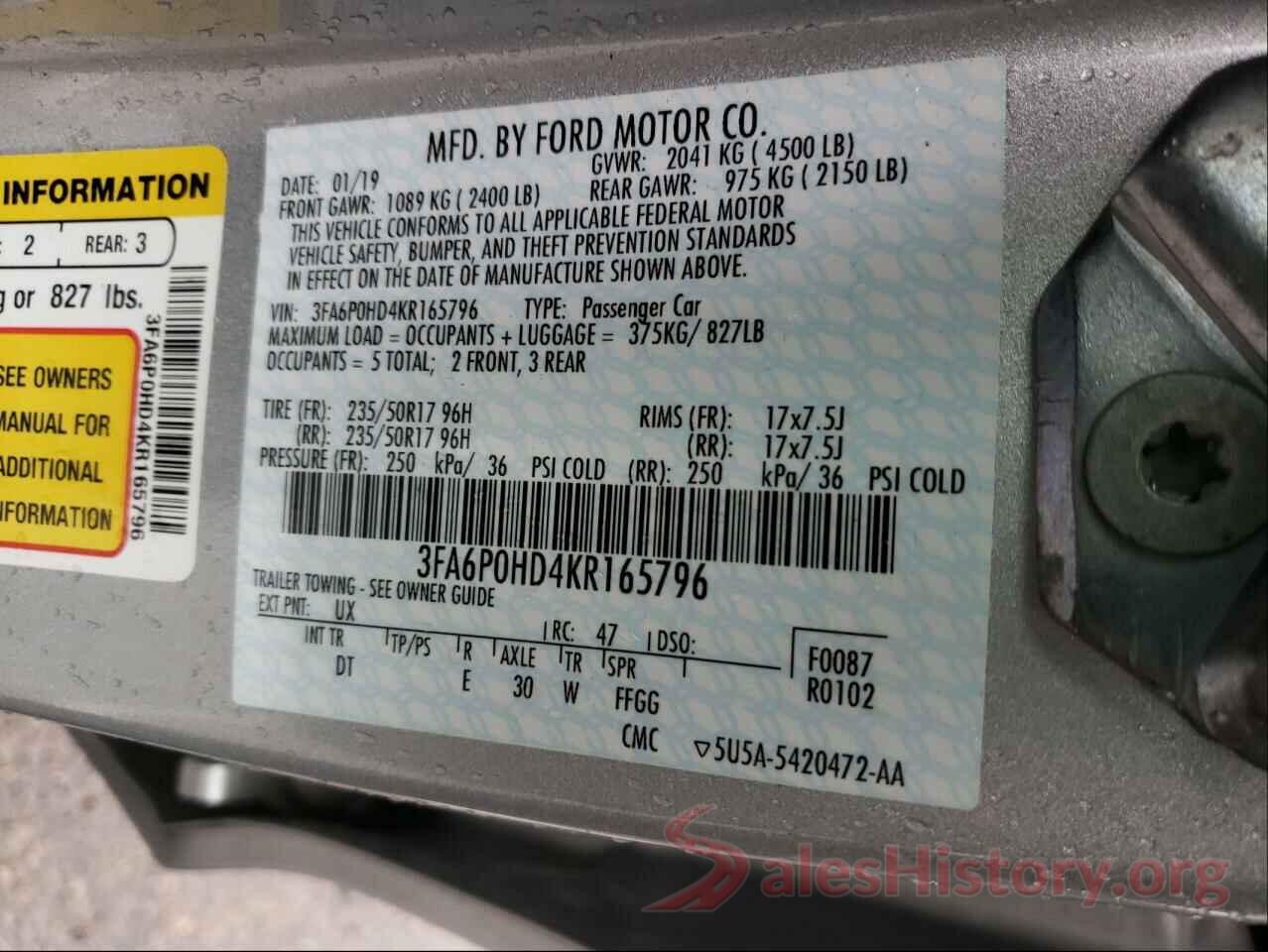 3FA6P0HD4KR165796 2019 FORD FUSION