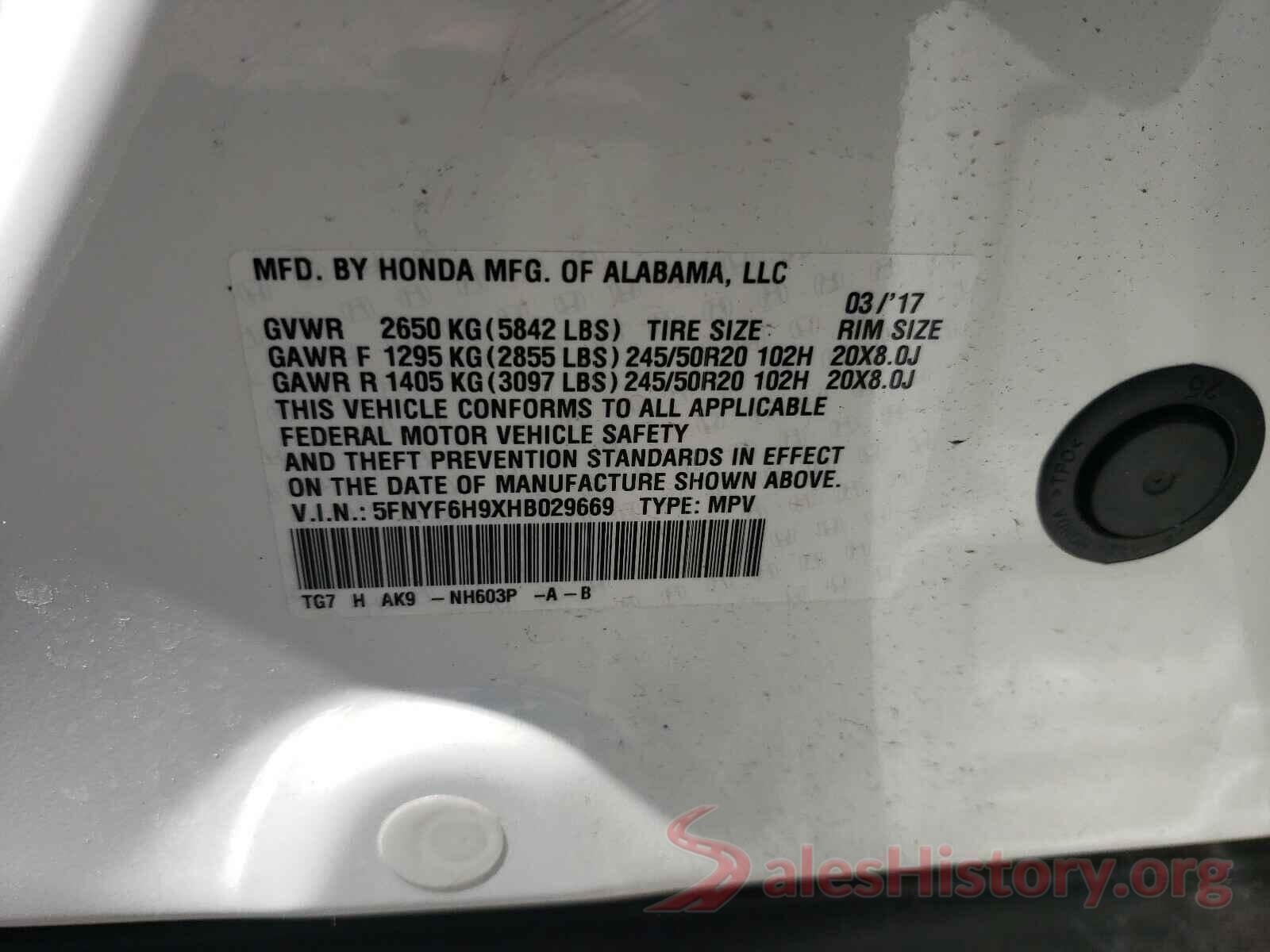 5FNYF6H9XHB029669 2017 HONDA PILOT