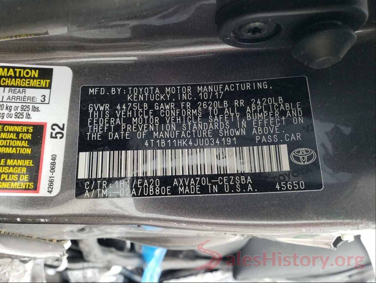 4T1B11HK4JU034191 2018 TOYOTA CAMRY